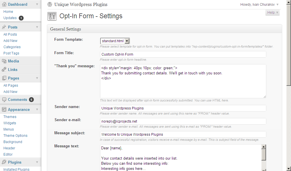 Custom Opt-In Form plugin: Settings page